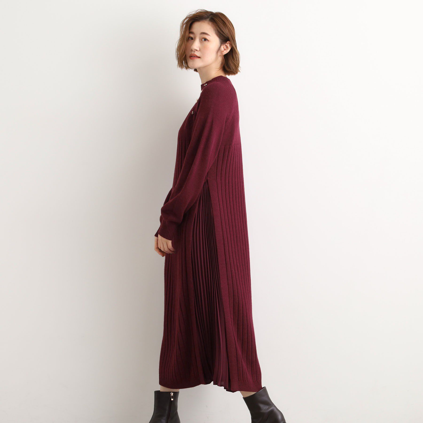 grove「【選べる着丈】配色サイドプリーツニットワンピース」|ワンピース|