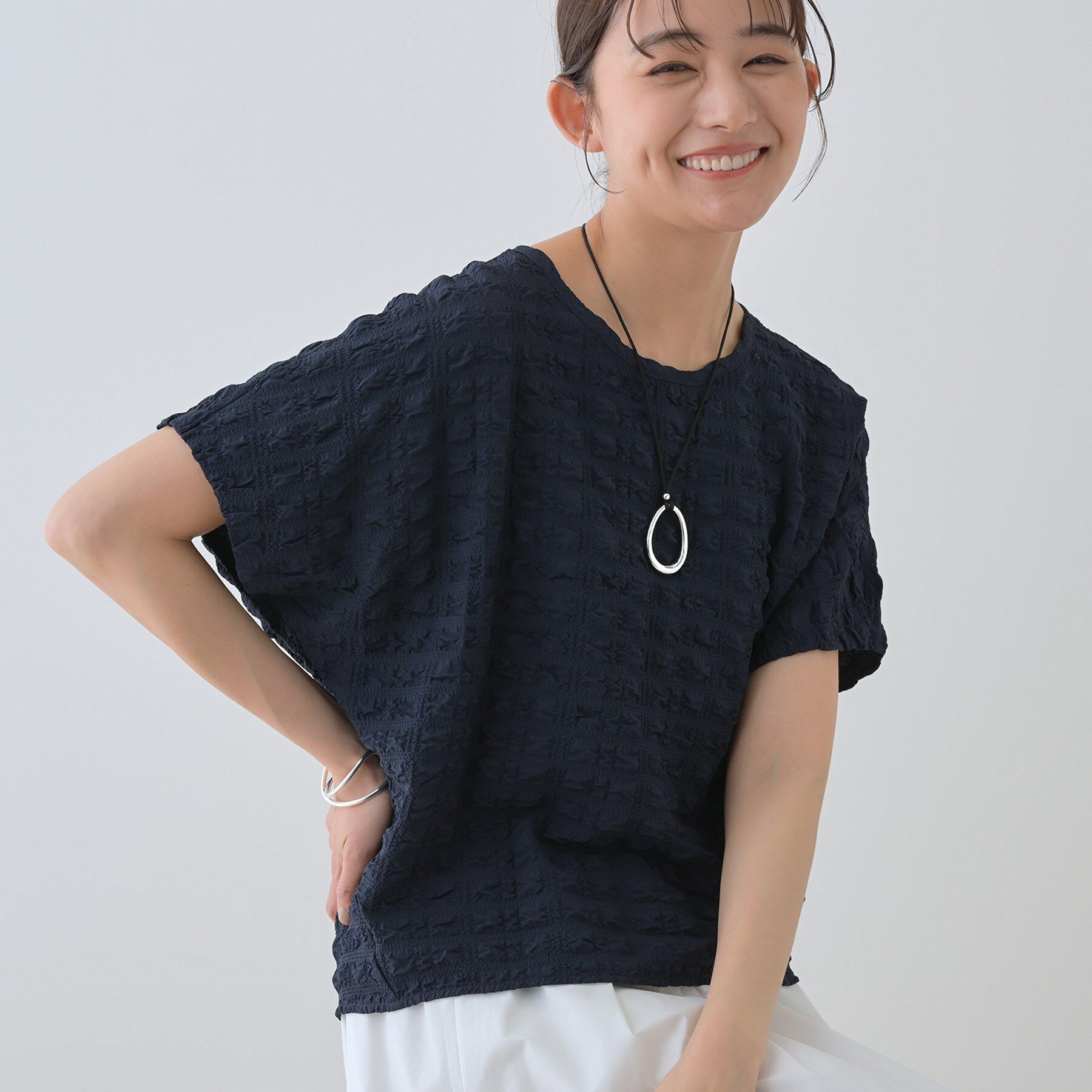 INDIVI「【洗える／凹凸素材／UVケア】コンパクトトップス」|Tシャツ・カットソー|ネイビー(094)