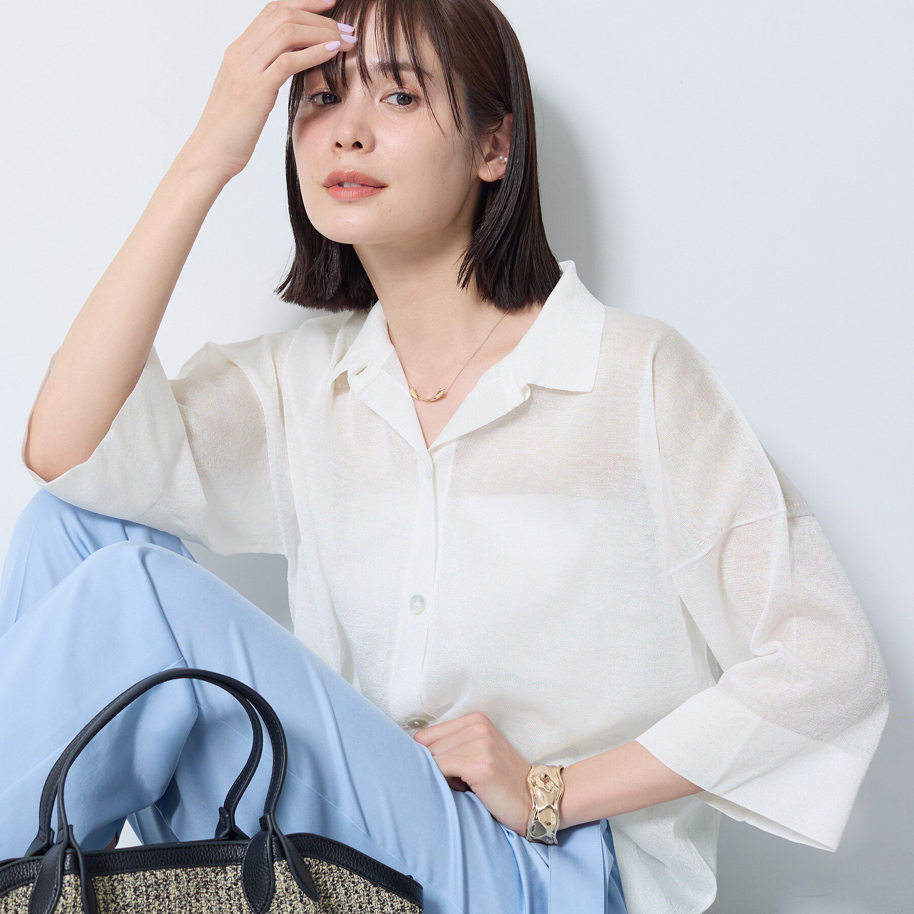 INDIVI「【洗える／シアー】衿付きシャツライクニットカーディガン」|カーディガン|ホワイト(001)