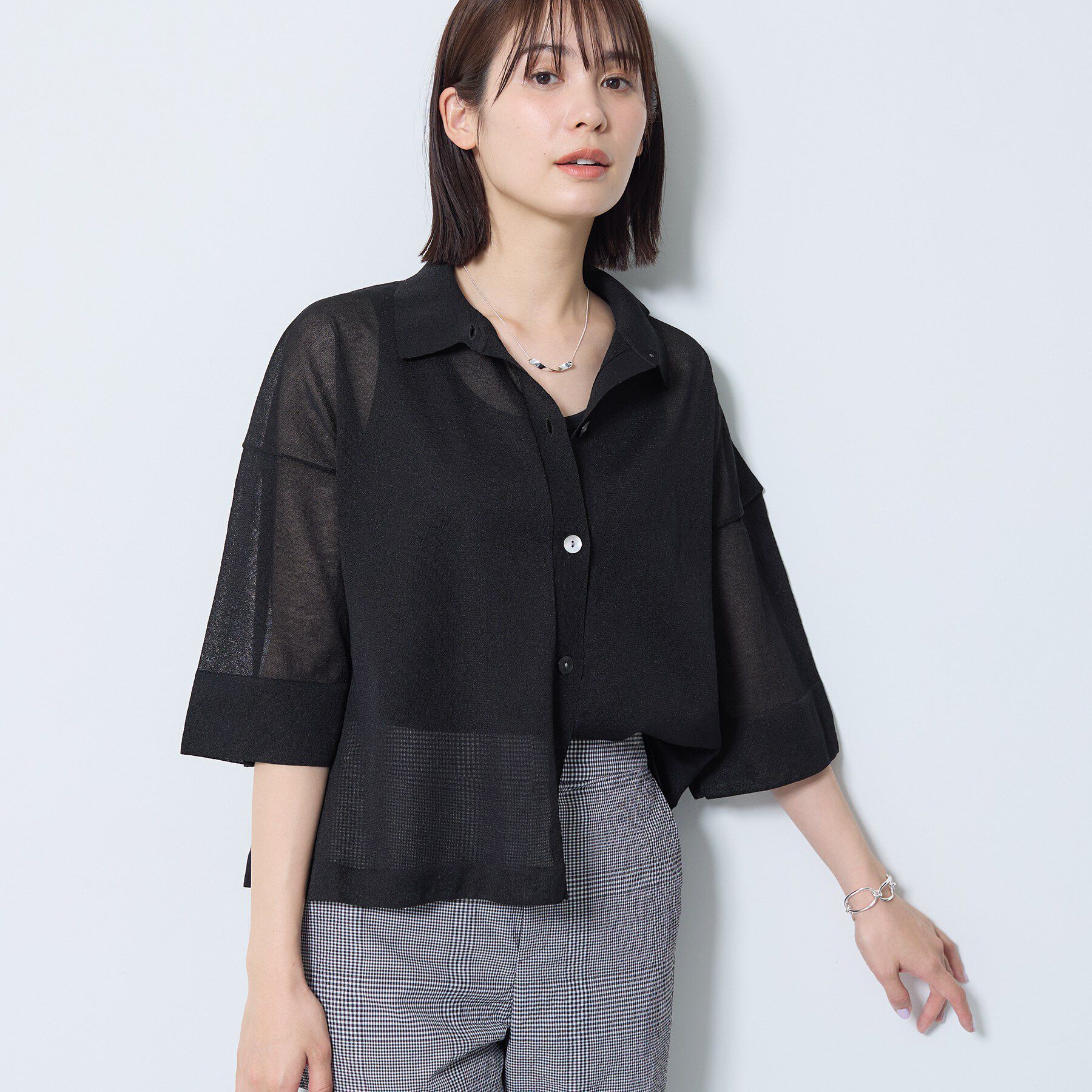 INDIVI「【洗える／シアー】衿付きシャツライクニットカーディガン」|カーディガン|ブラック(019)