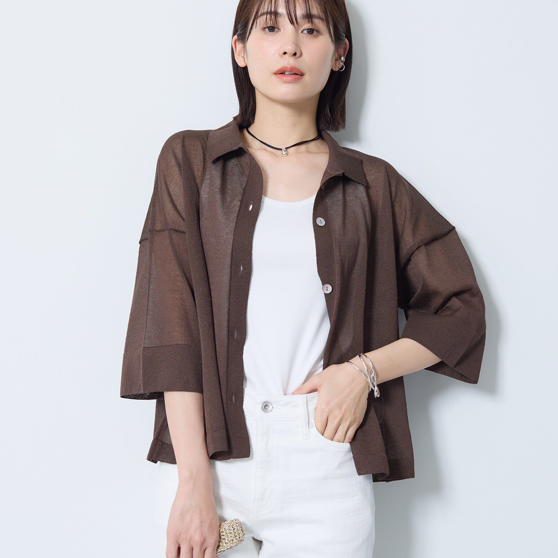 INDIVI「【洗える／シアー】衿付きシャツライクニットカーディガン」|カーディガン|ブラウン(044)
