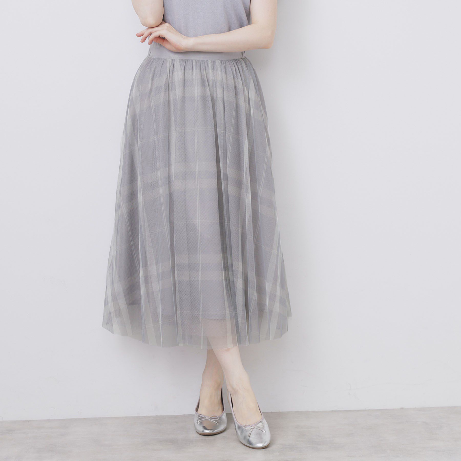 index「チュールラメチェックフレアスカート【洗濯機洗い可/防シワ】」|スカート|サックスブルー(29