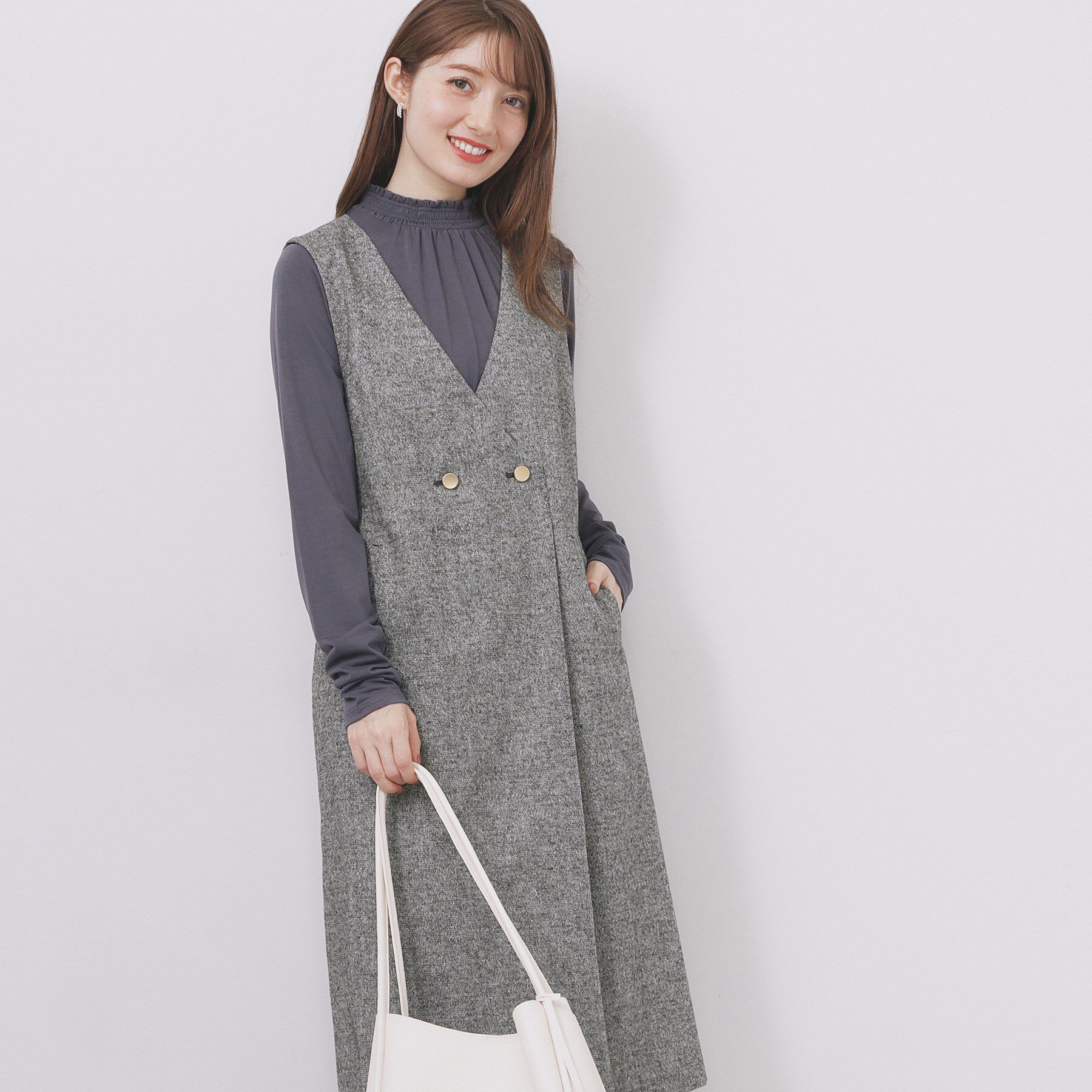 index「ラップ風ツイードジャンスカ【洗濯機OK/防シワ】」|ワンピース|ブラック(019)