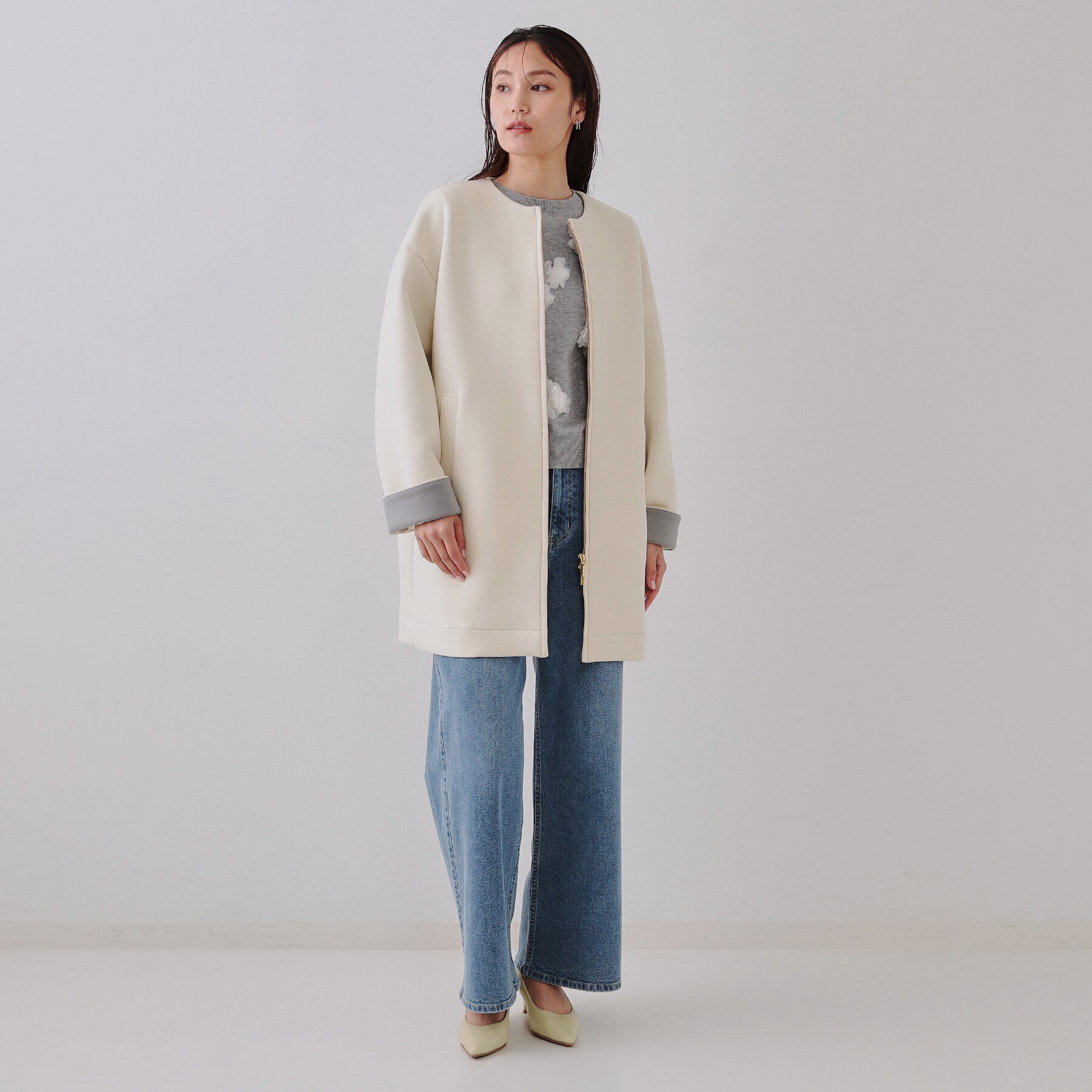 OPAQUE.CLIP「ノーカラーZIPミドルコート【洗濯機洗い可/抗ピル】」|ノーカラーコート|