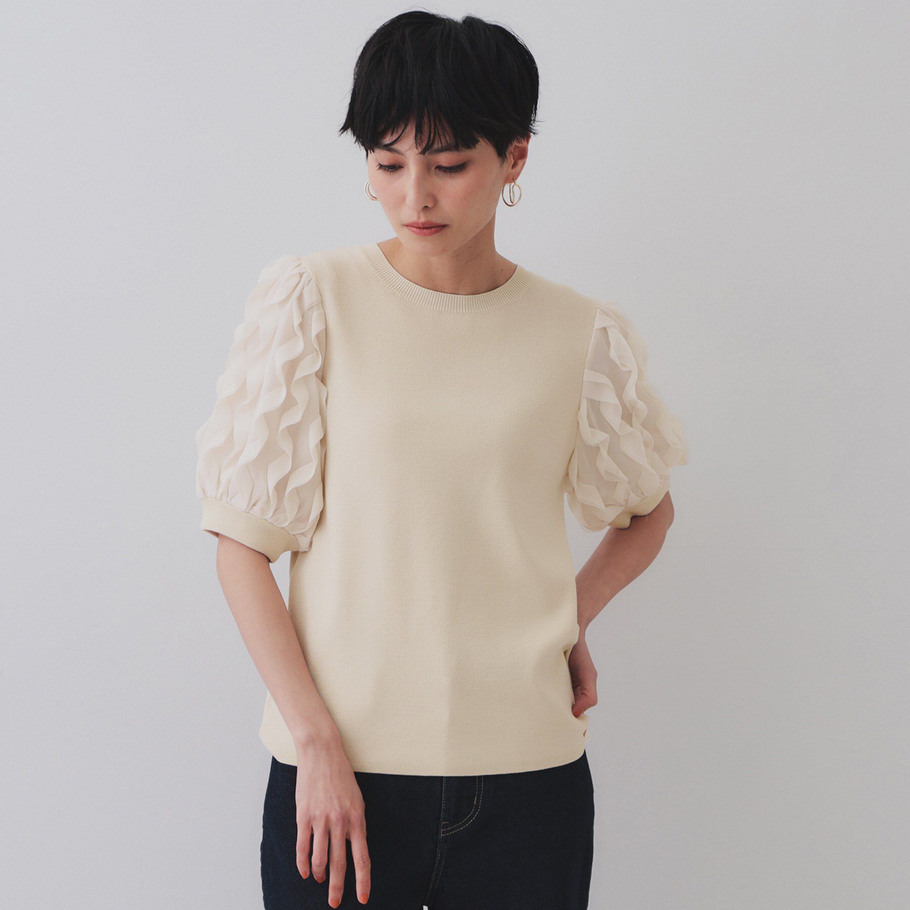 OPAQUE.CLIP「フリルスリーブデザインニット【洗濯機洗い可】」|Tシャツ・カットソー|