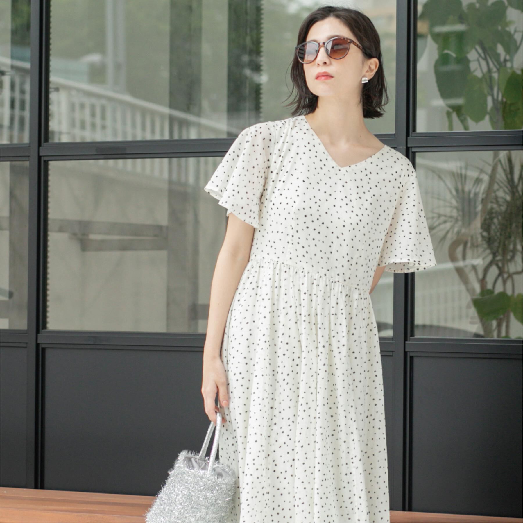 OPAQUE.CLIP「Vネックフィット＆フレアドレス/オーガニックコットン混【洗濯機洗い可】」|ワンピース|