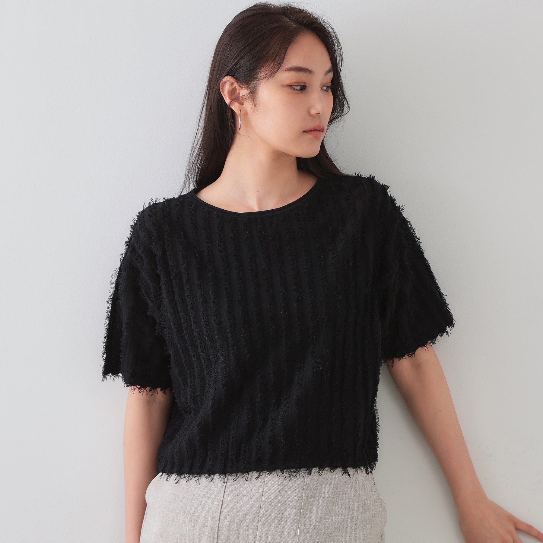 OPAQUE.CLIP「フリンジクロップドニット【洗濯機洗い可/抗ピル】」|ニット・セーター|ブラック(019)