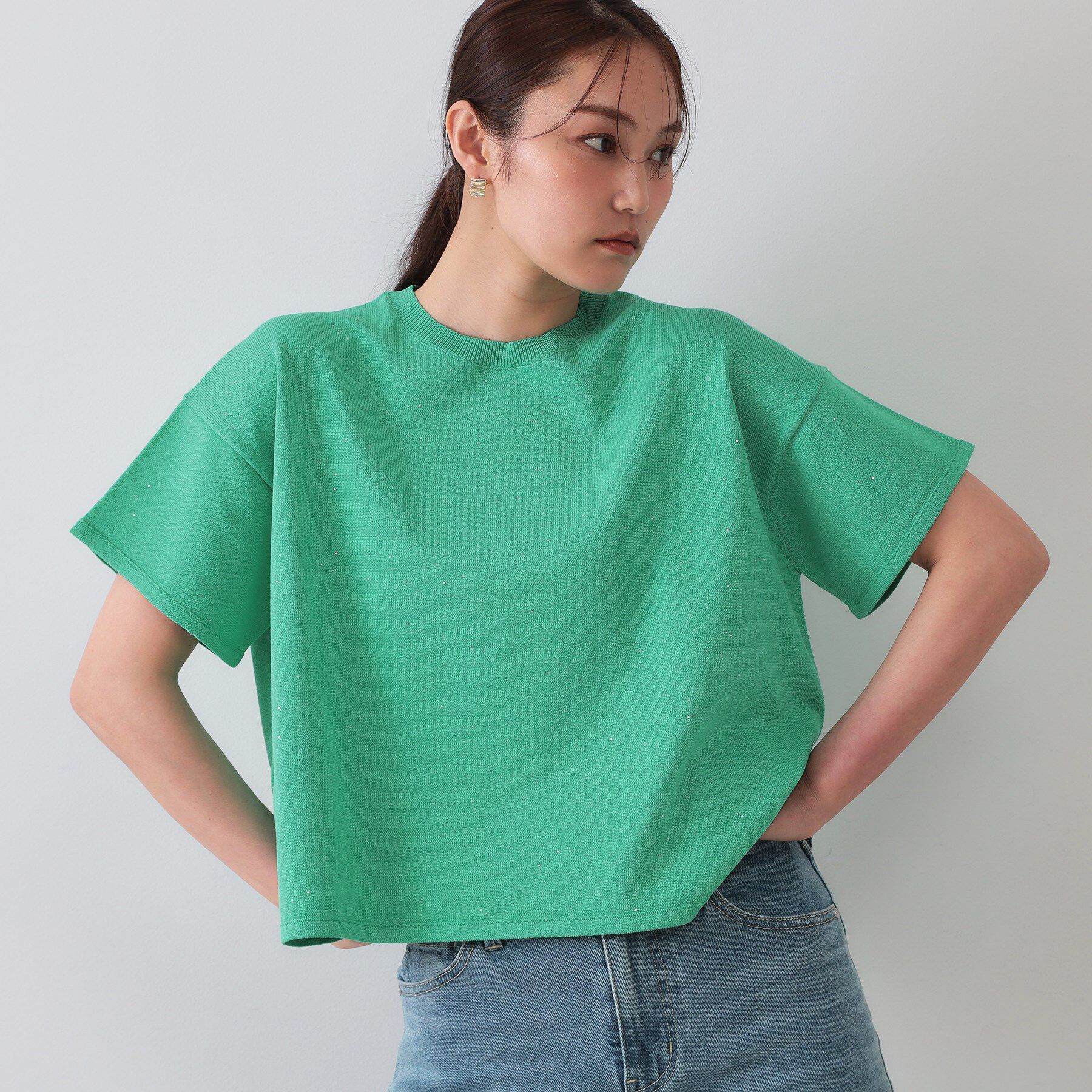 OPAQUE.CLIP「スパンコールサマーニット【洗濯機洗い可/抗ピル】」|ニット・セーター|グリーン(022)