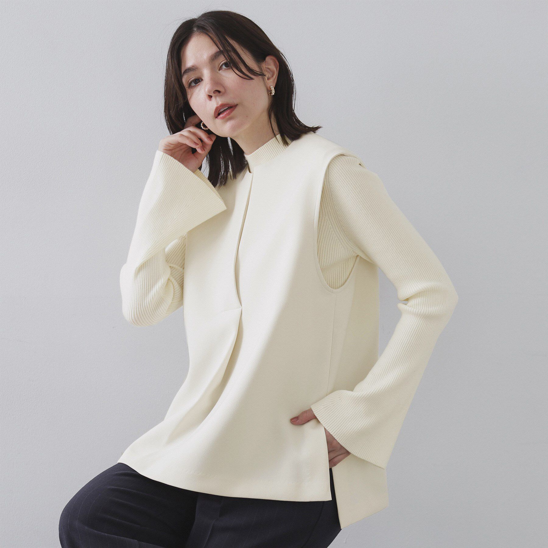 OPAQUE.CLIP「《ツインセット》ベスト&times;リブニット【洗濯機OK】」|その他|オフホワイト(003