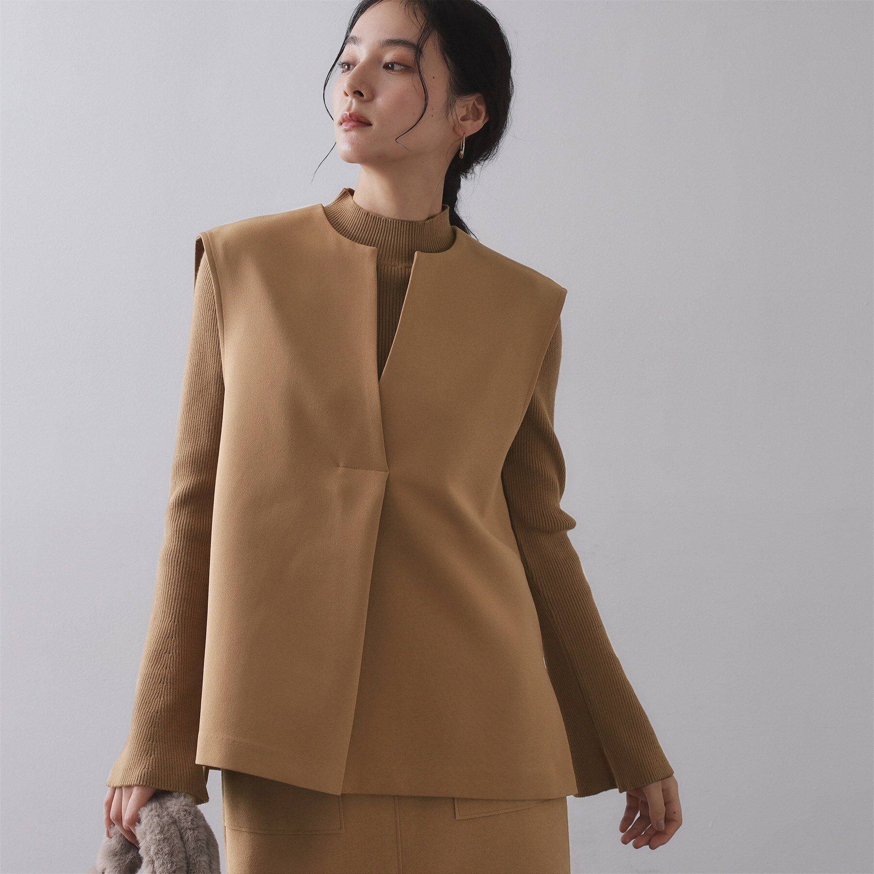 OPAQUE.CLIP「《ツインセット》ベスト&times;リブニット【洗濯機OK】」|その他|キャメルブラウン(0