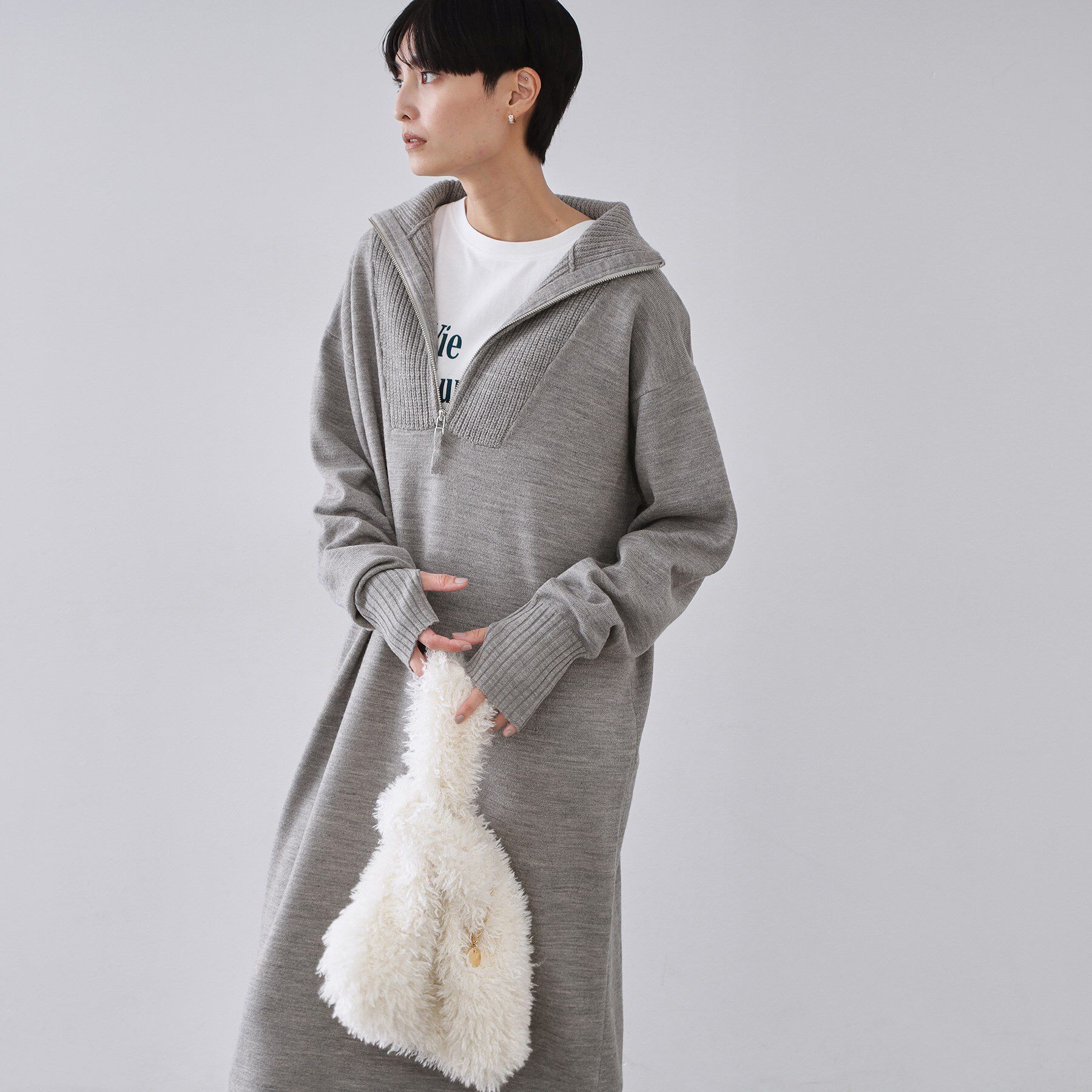 OPAQUE.CLIP「ハーフジップニットワンピース【洗濯機OK】」|ワンピース|グレー(012)