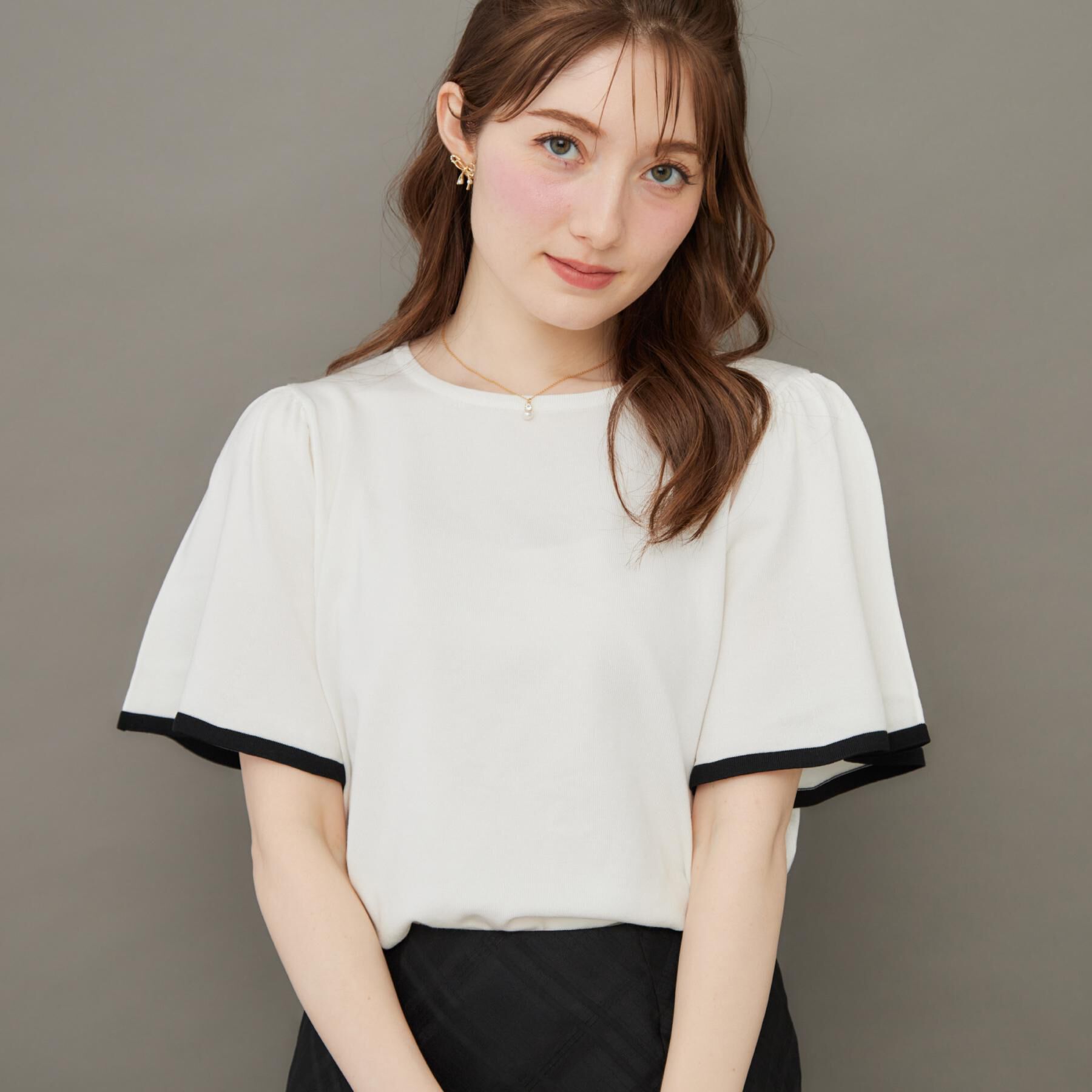 Couture broach「【フェミニン・5分袖・通勤】配色フレアスリーブニット」|ニット・セーター|