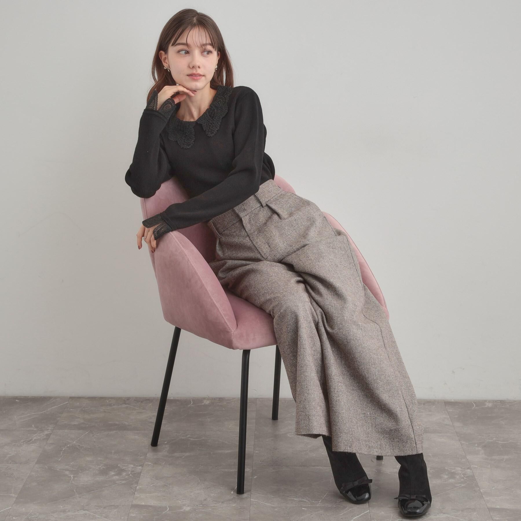 Couture broach「【着映え・フェミニン・通勤】レース衿カフス付きリブニット」|ニット・セーター|