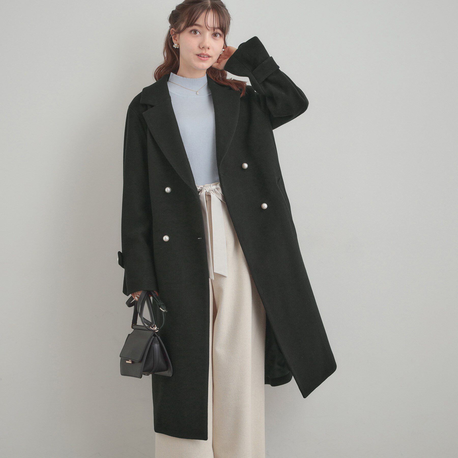 Couture broach「【大人上品・ベルト付き】パール調釦チェスターコート」|チェスターコート|