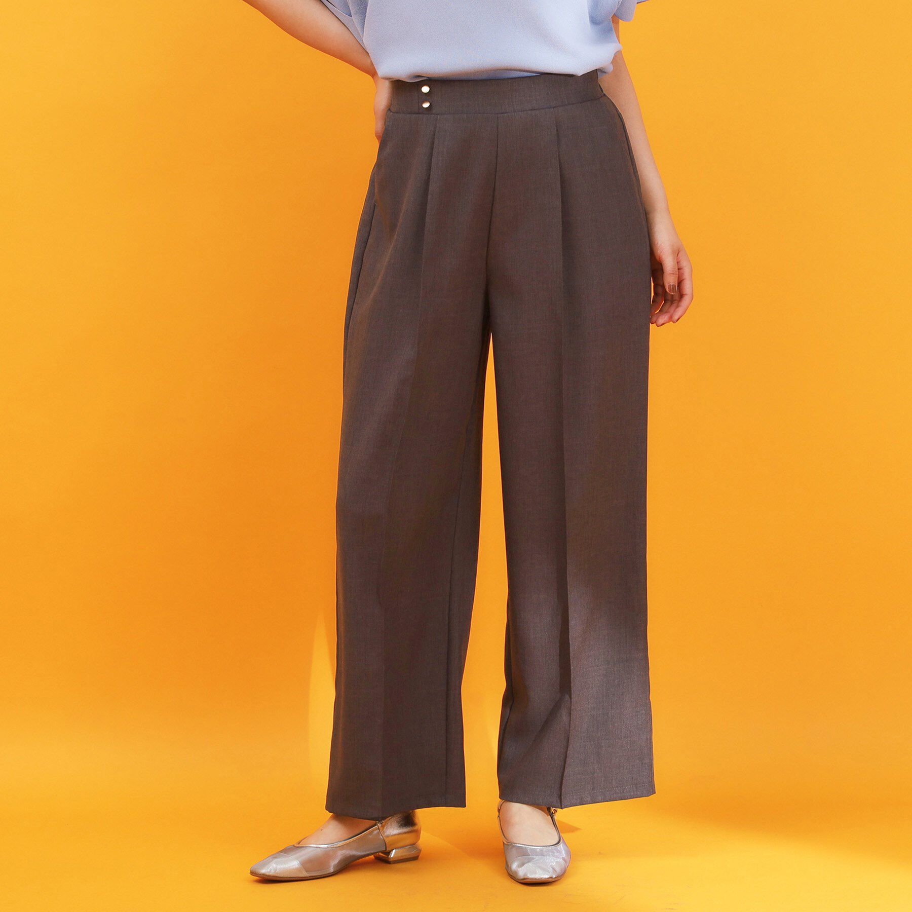 THE SHOP TK「麻調ピンタックワイドパンツ【洗濯機OK】」|その他|ブラウン(044)