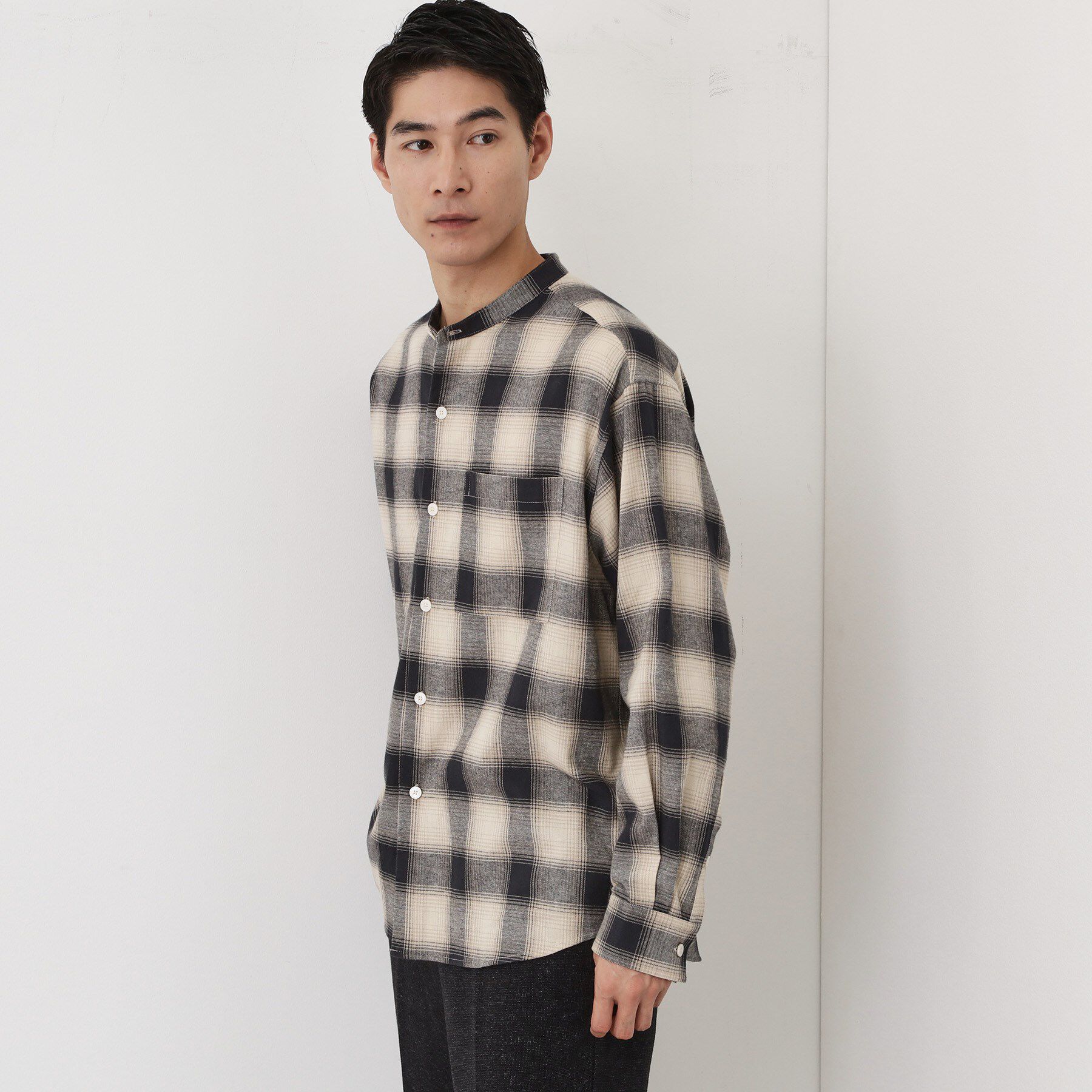 THE SHOP TK「オンブレーチェックバンドカラーシャツ 【洗濯機OK】」|シャツ・ブラウス|