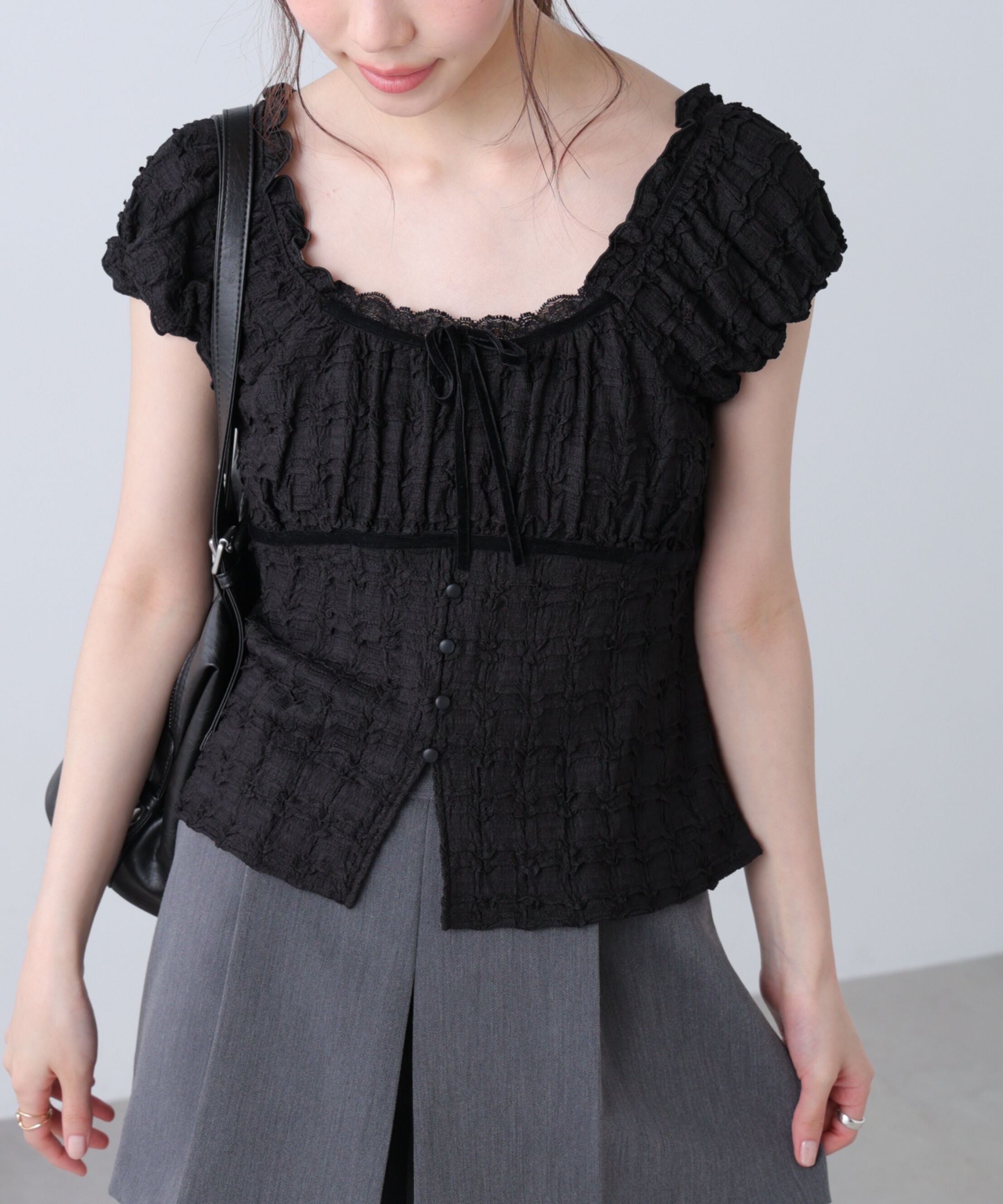  「フレンチスリーブジャガードカットソー」|Tシャツ・カットソー|ブラック