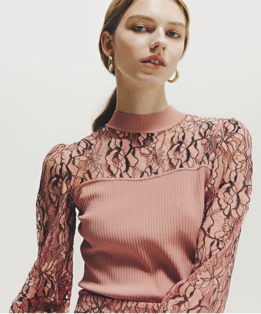  「◆レースコンビモックネックニットプルオーバー」|ニット・セーター|ピンク