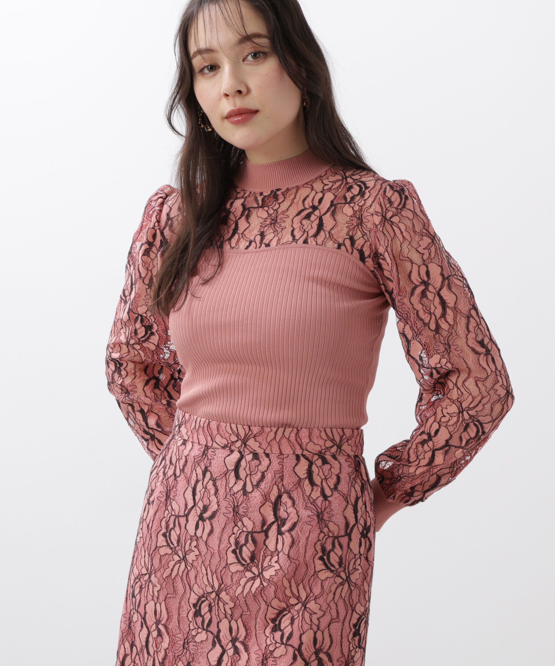  「◆レースコンビモックネックニットプルオーバー」|ニット・セーター|