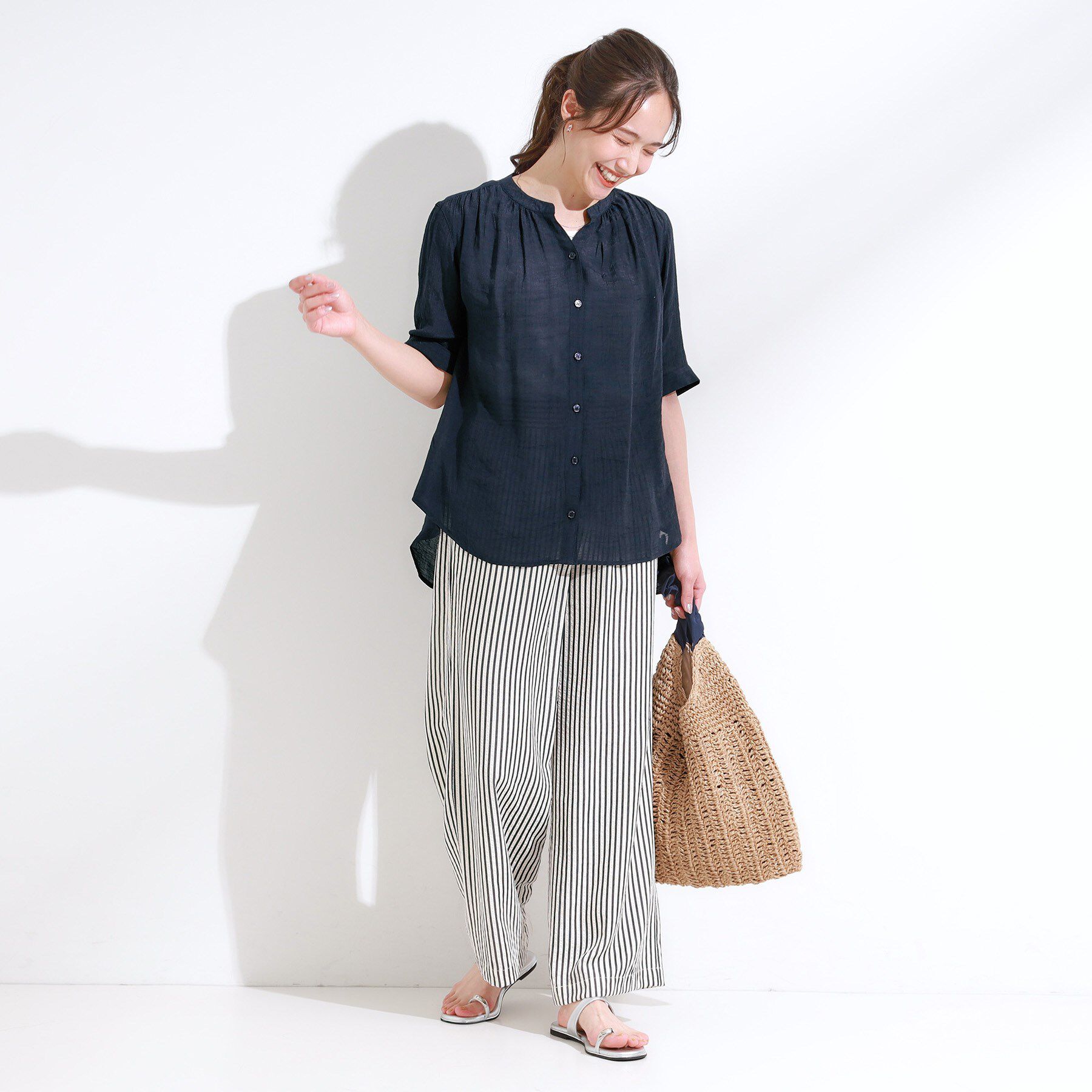 SHOO･LA･RUE「【S-LL/2点セット】着るだけでコーデが決まる 麻調5分袖ブラウス＋タンクトップ」|シャツ・ブラウス|