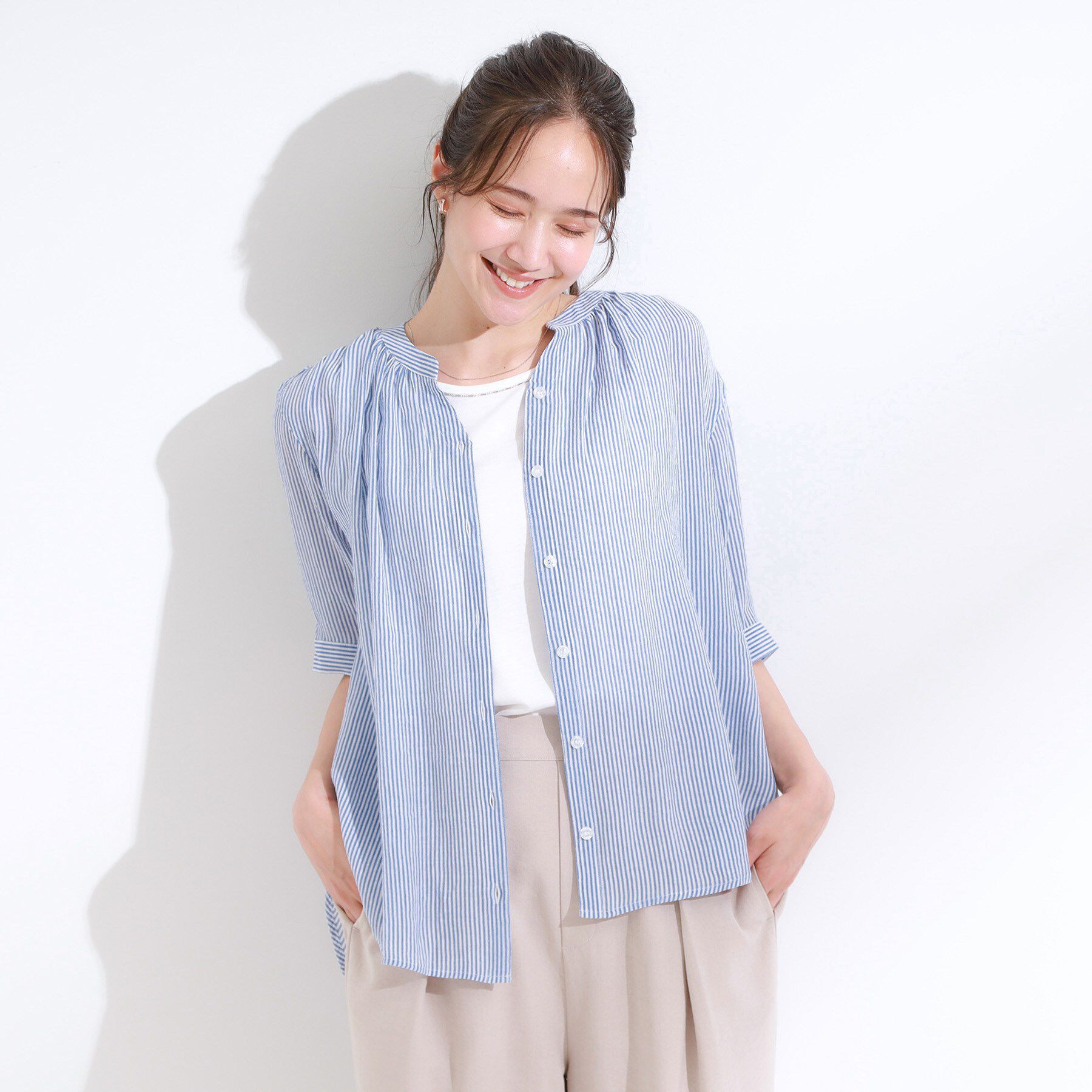 SHOO･LA･RUE「【S-LL/2点セット】着るだけでコーデが決まる 麻調5分袖ブラウス＋タンクトップ」|シャツ・ブラウス|