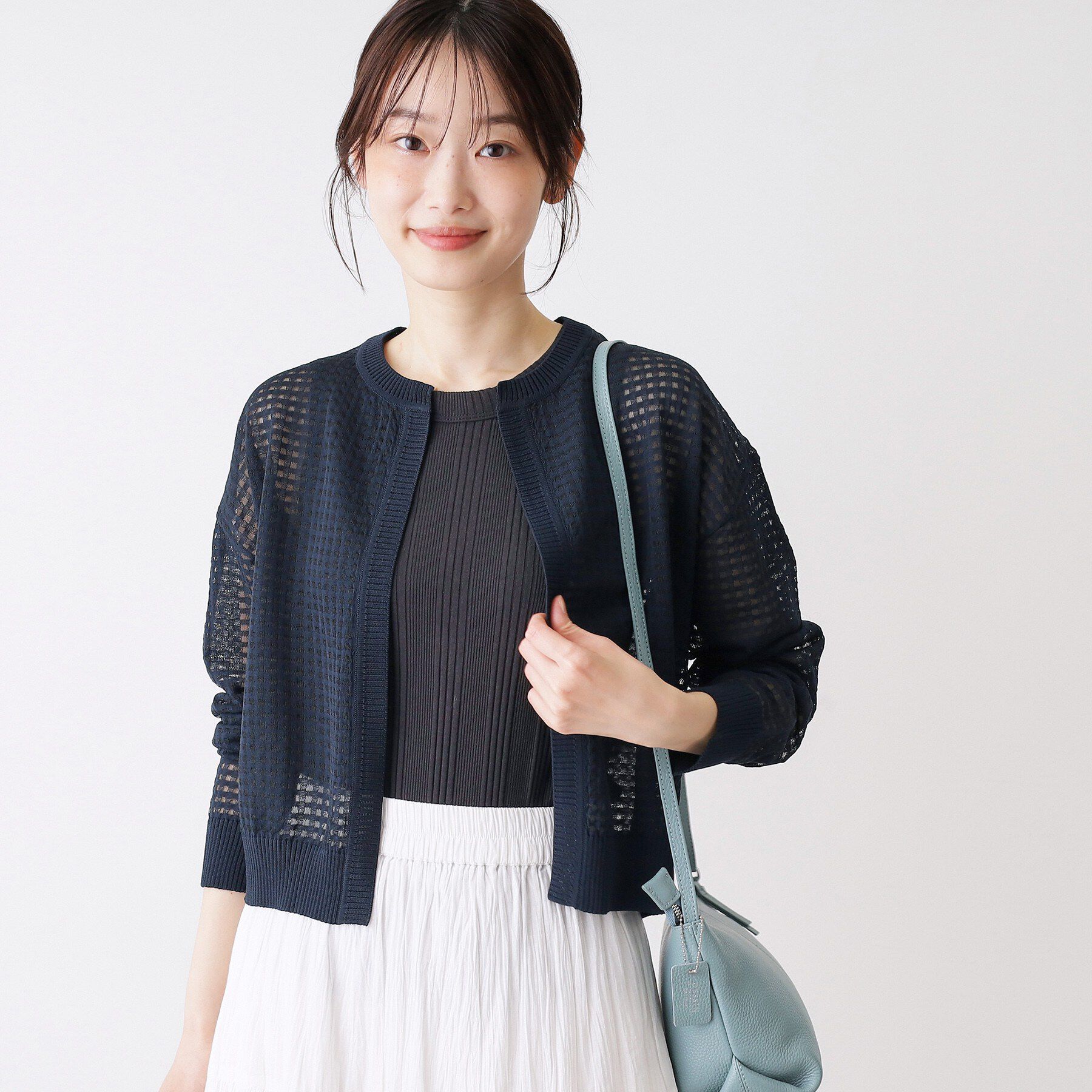 Dessin「【洗える】チェック柄シアークルーネックカーディガン」|カーディガン|