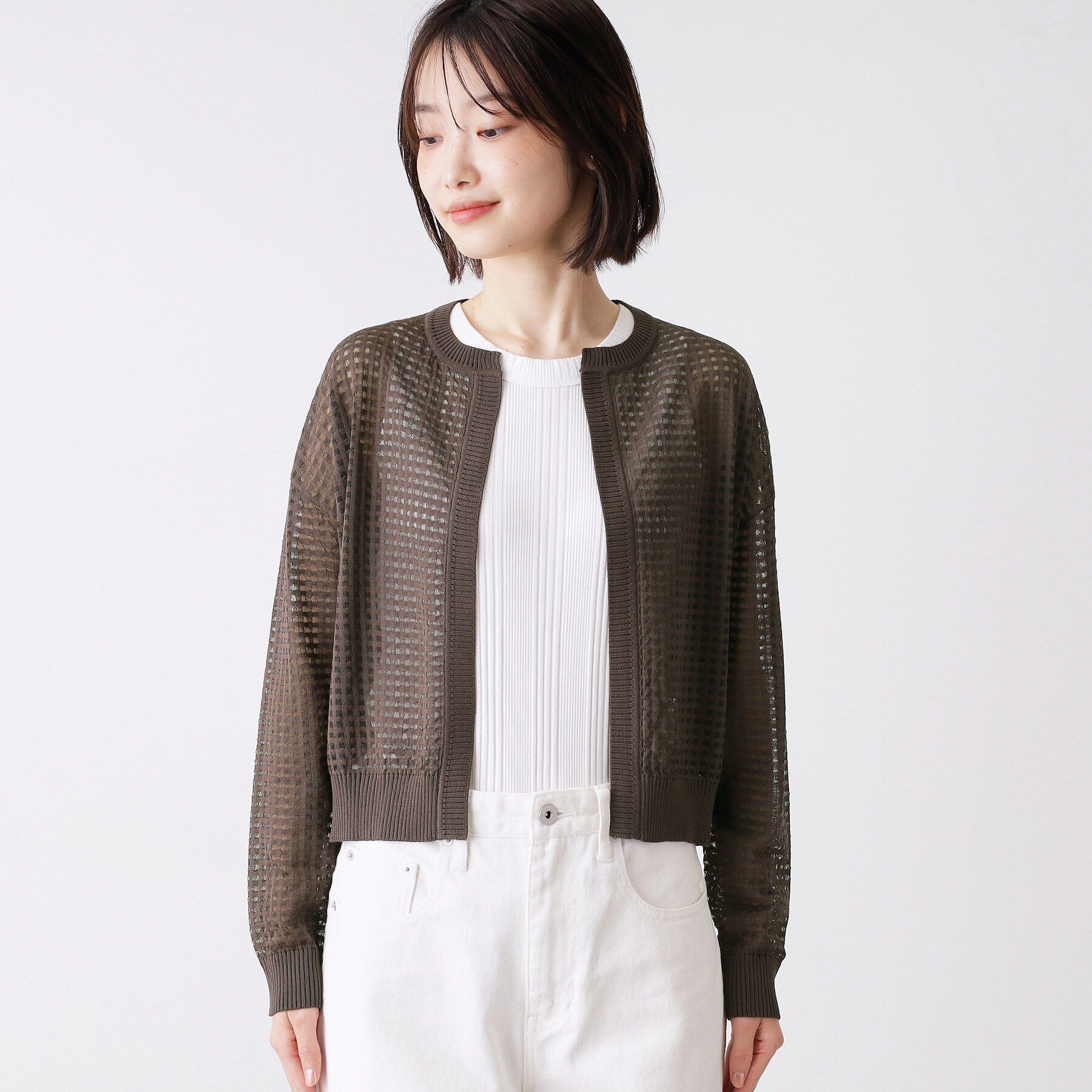 Dessin「【洗える】チェック柄シアークルーネックカーディガン」|カーディガン|