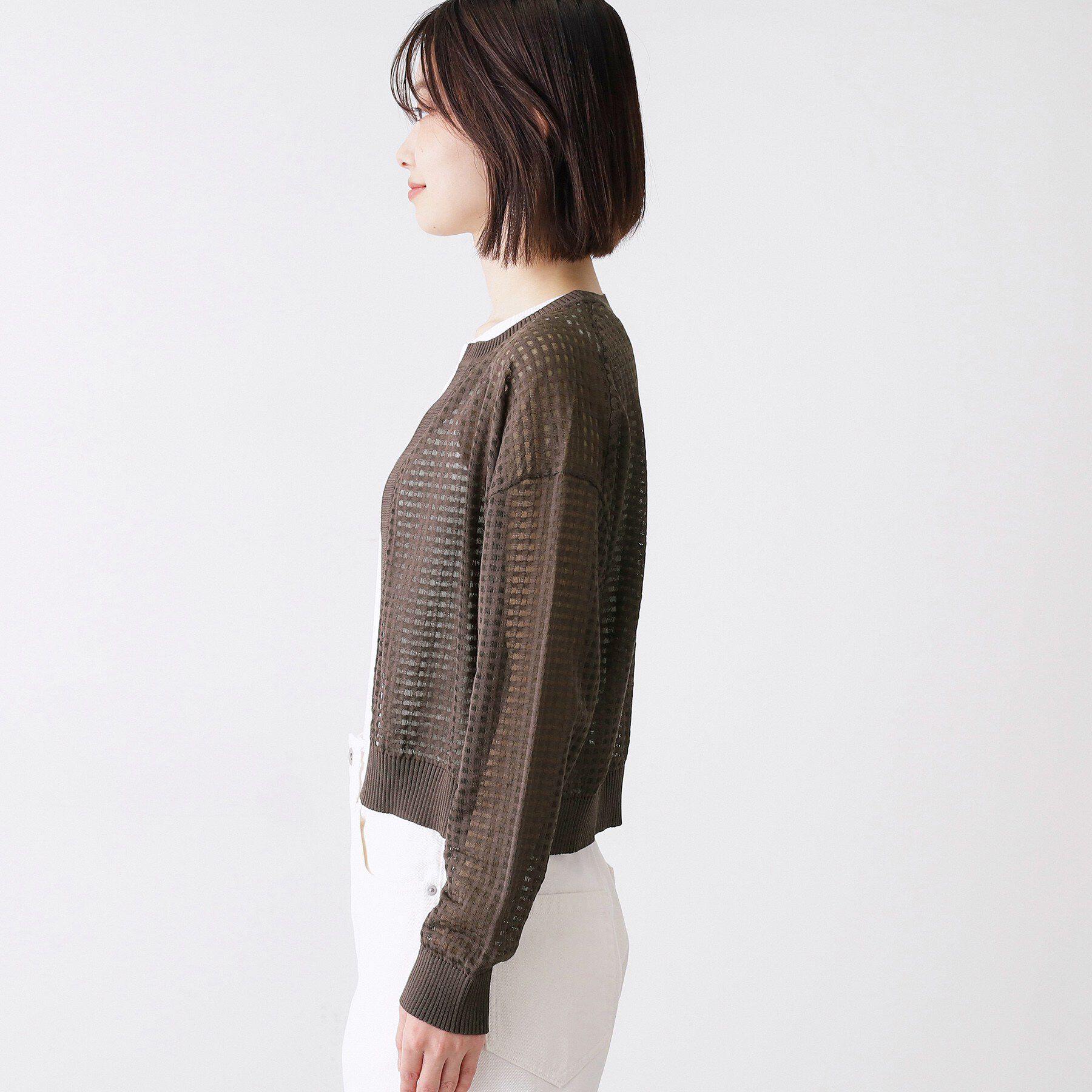 Dessin「【洗える】チェック柄シアークルーネックカーディガン」|カーディガン|