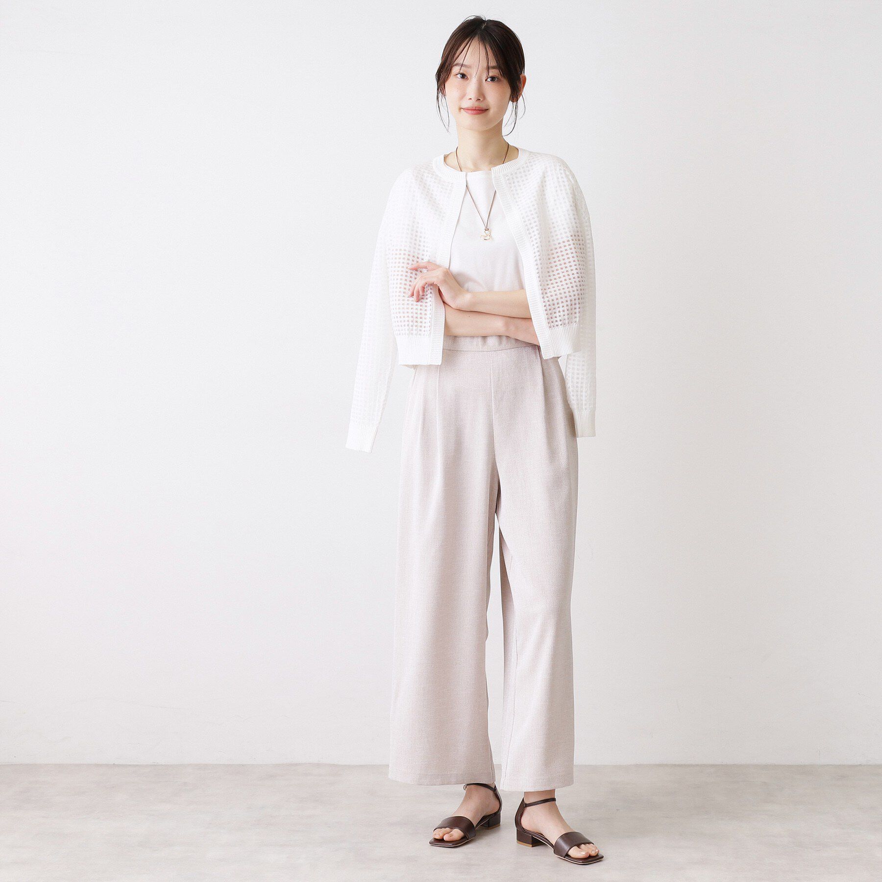 Dessin「【洗える】チェック柄シアークルーネックカーディガン」|カーディガン|