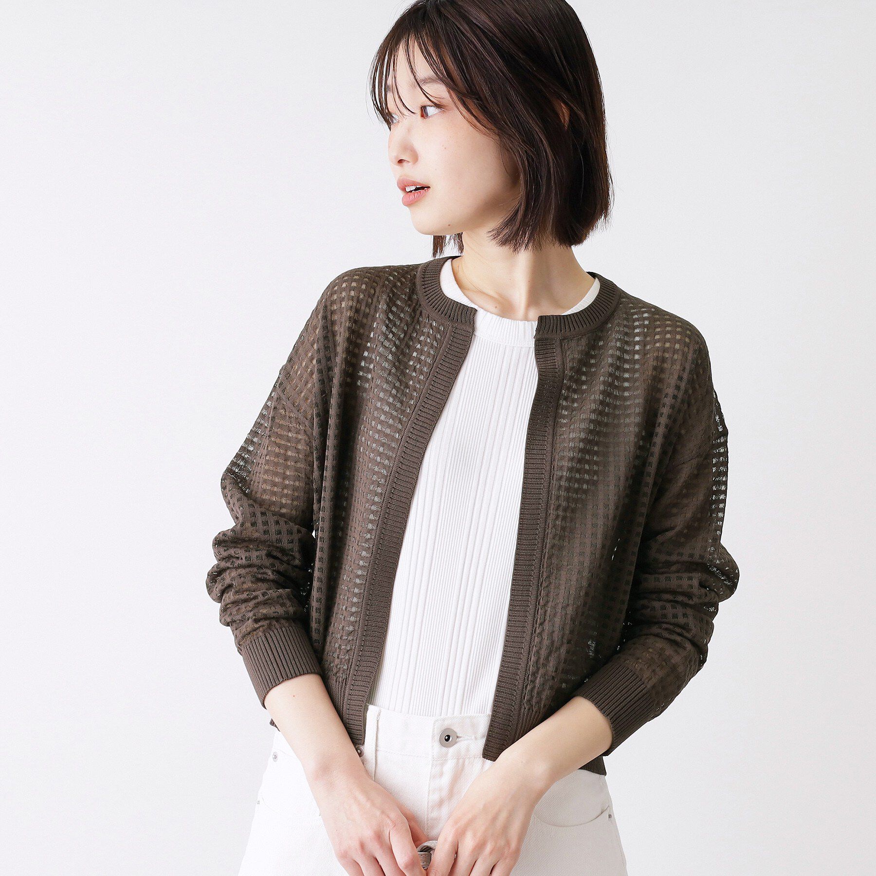 Dessin「【洗える】チェック柄シアークルーネックカーディガン」|カーディガン|