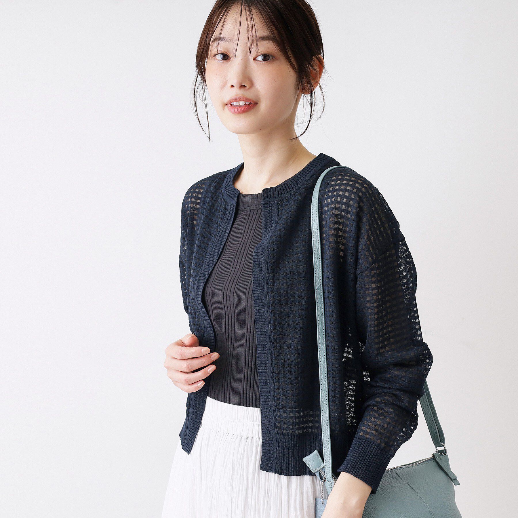 Dessin「【洗える】チェック柄シアークルーネックカーディガン」|カーディガン|