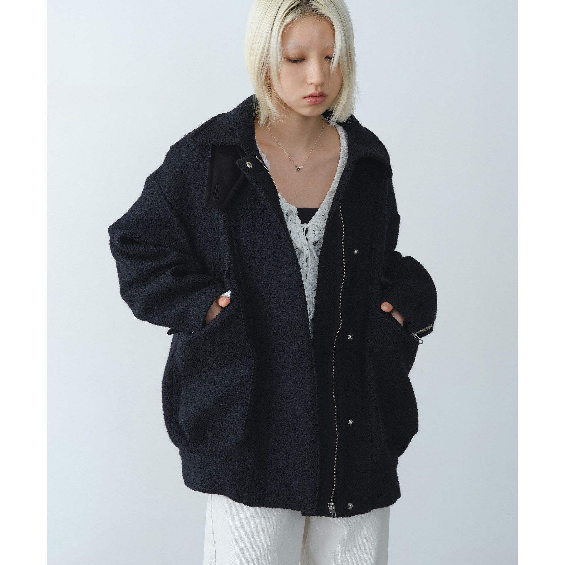 CODE A「oversized tweed blouson」|ダウン|ブラック(019)