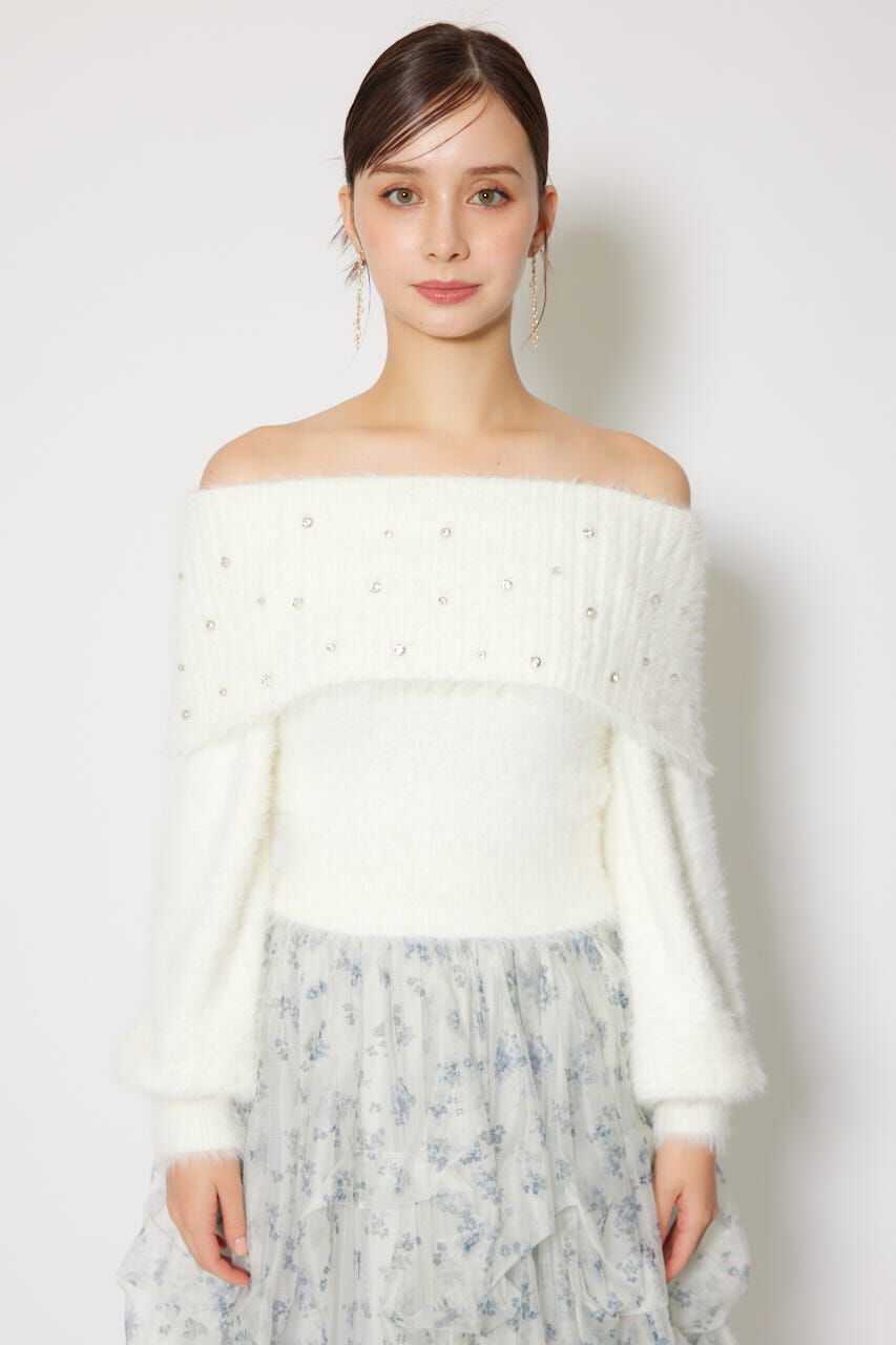 rienda「オフショルビジューシャギーニットトップス」|ニット・セーター|