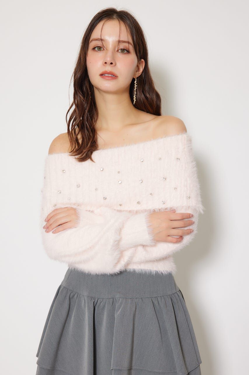 rienda「オフショルビジューシャギーニットトップス」|ニット・セーター|PNK