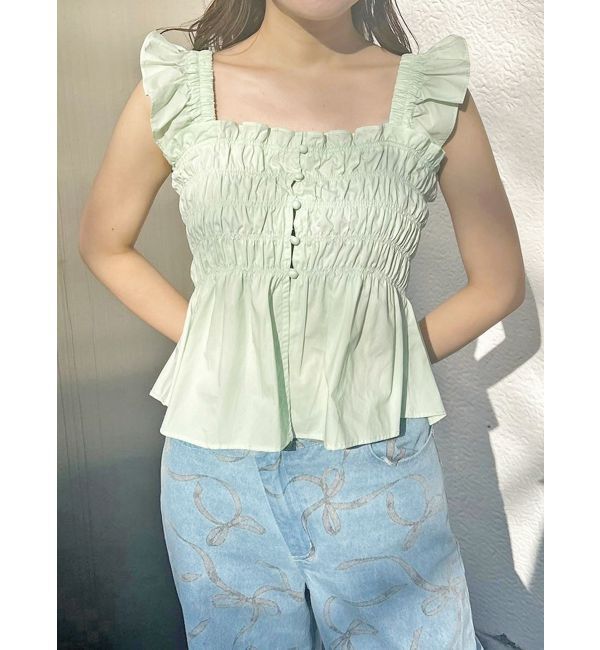 MERCURYDUO「シャーリングフリルバックシャンブラウス」|シャツ・ブラウス|ライトグリーン