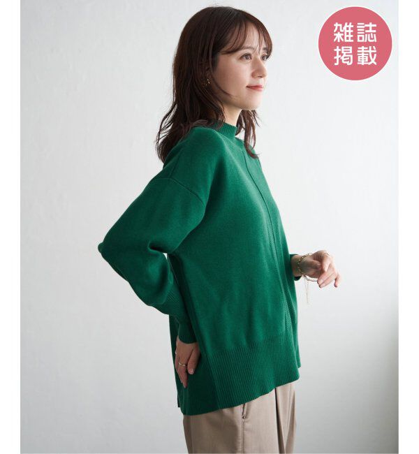ikka「コットンミックスバックスリットニット」|プルオーバー|グリーン