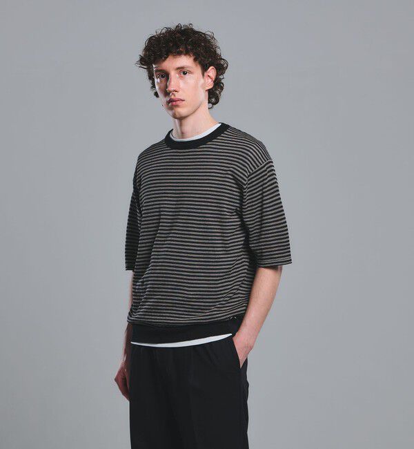 UNITED ARROWS green label relaxing「リネン ポリエステル ボーダー クルーネック 半袖 ニット -ウォッシャブル-」|ニット・セーター|BLACK