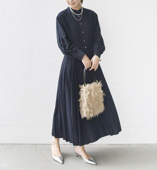 SHIPS for women「〈手洗い可能〉ドット / 花柄 バンドカラー サイド プリーツ ワンピース」|ワンピース|