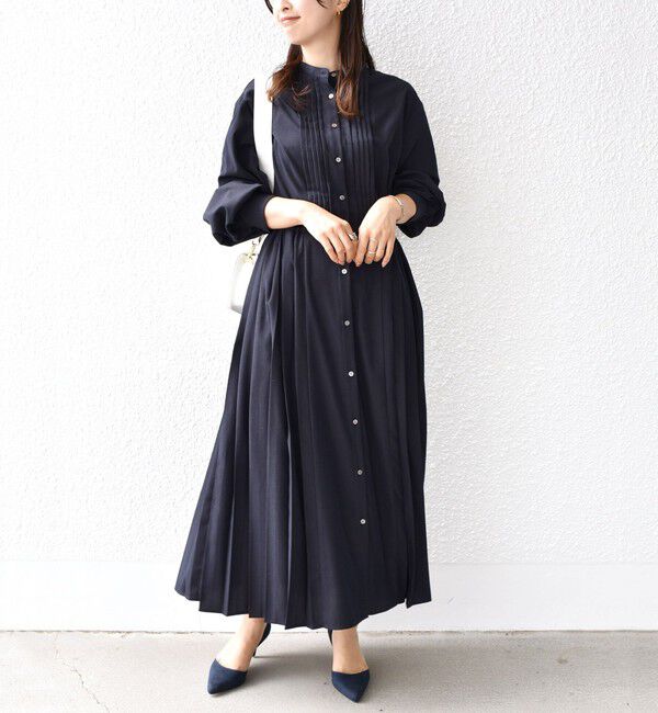 SHIPS for women「〈手洗い可能〉ドット / 花柄 バンドカラー サイド プリーツ ワンピース」|ワンピース|