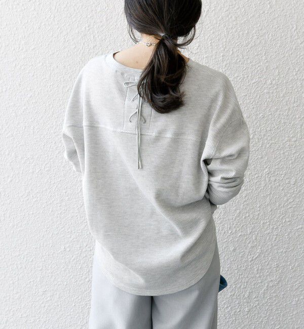 SHIPS any「SHIPS any:〈洗濯機可能〉ワッフル  レースアップ ラウンドヘム プルオーバー」|Tシャツ・カットソー|