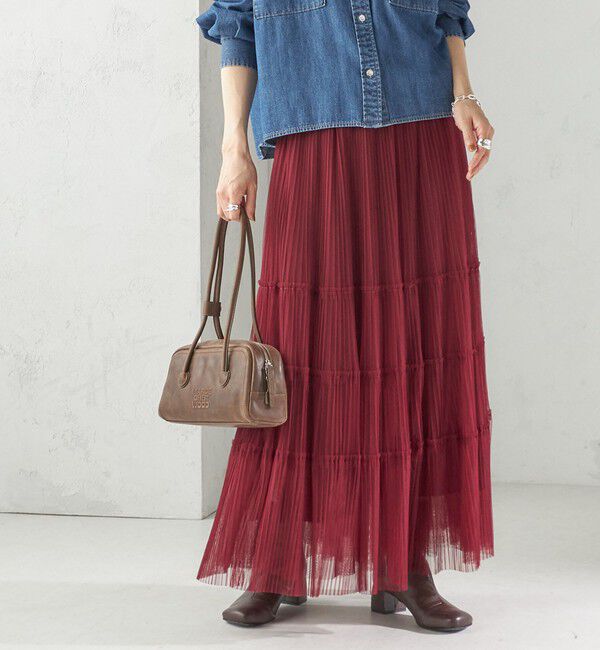 SHIPS for women「〈手洗い可能〉チュール プリーツ ティアード スカート」|スカート|ワイン