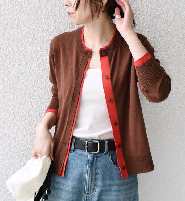 SHIPS Colors 「SHIPS Colors:〈手洗い可能〉配色 ニット クルーネック カーディガン◇」|カーディガン|ブラウン