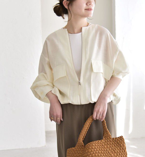 quaranciel「《追加予約》quaranciel:〈手洗い可能〉リネン ミックス ノーカラー ドロスト ブルゾン」|ブルゾン・スタジャン|