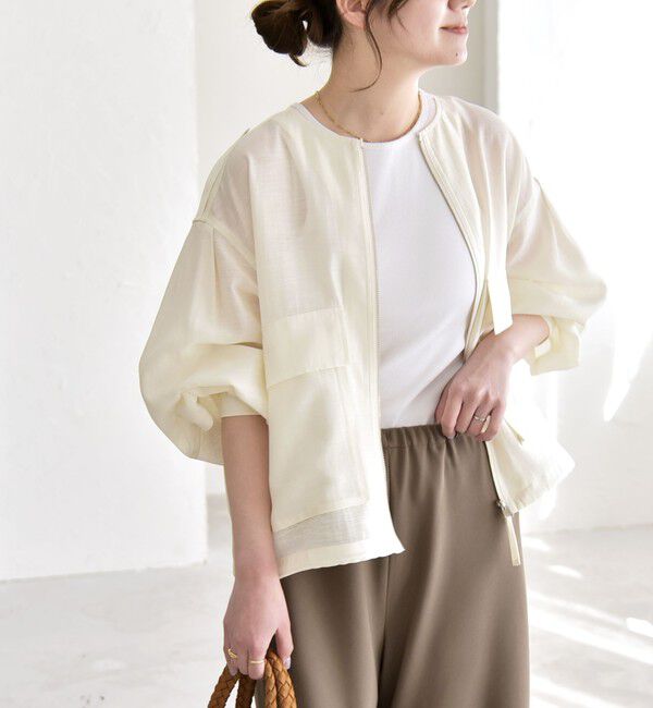 quaranciel「《追加予約》quaranciel:〈手洗い可能〉リネン ミックス ノーカラー ドロスト ブルゾン」|ブルゾン・スタジャン|