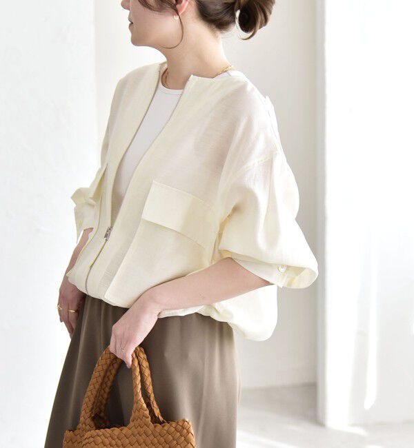 quaranciel「《追加予約》quaranciel:〈手洗い可能〉リネン ミックス ノーカラー ドロスト ブルゾン」|ブルゾン・スタジャン|