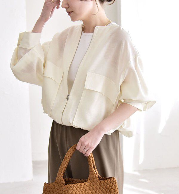 quaranciel「《追加予約》quaranciel:〈手洗い可能〉リネン ミックス ノーカラー ドロスト ブルゾン」|ブルゾン・スタジャン|