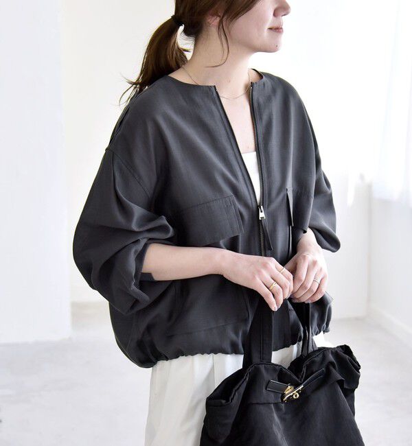 quaranciel「《追加予約》quaranciel:〈手洗い可能〉リネン ミックス ノーカラー ドロスト ブルゾン」|ブルゾン・スタジャン|