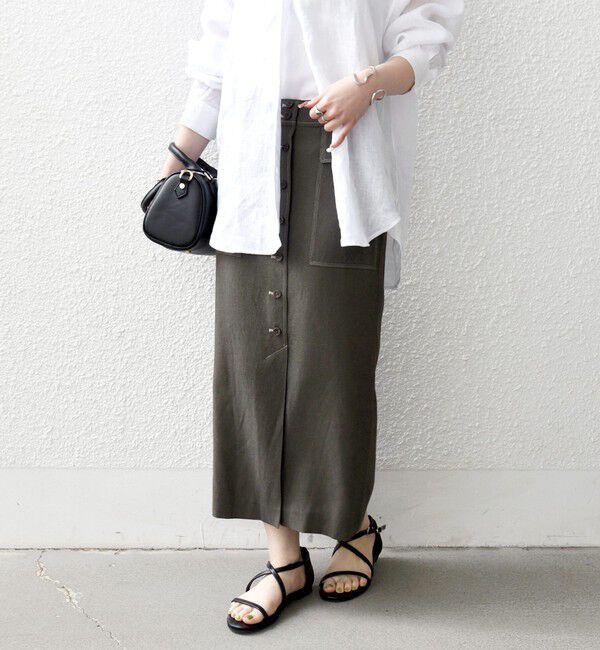 SHIPS any「SHIPS any:〈洗濯機可能〉リネンミックス ボタン デザイン タイト スカート」|タイト|ダークオリーブ