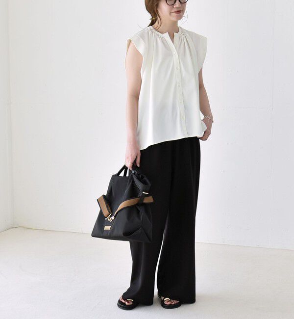 quaranciel「《予約》quaranciel:〈接触冷感/UVカット/吸水速乾/洗濯機可能〉スキッパー ギャザー シャツ カットソー」|シャツ・ブラウス|