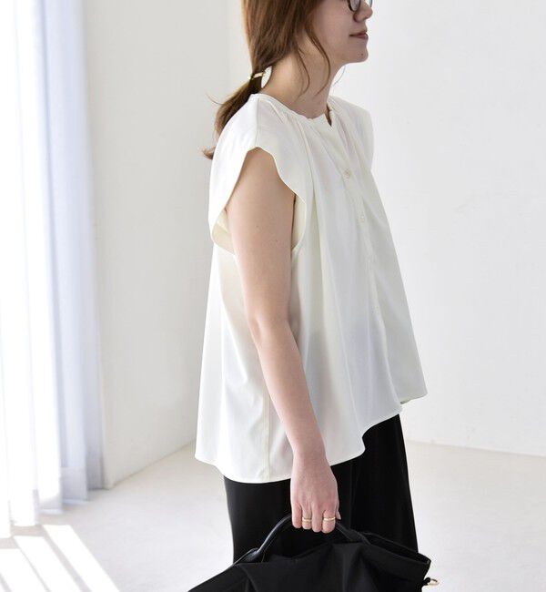 quaranciel「《予約》quaranciel:〈接触冷感/UVカット/吸水速乾/洗濯機可能〉スキッパー ギャザー シャツ カットソー」|シャツ・ブラウス|